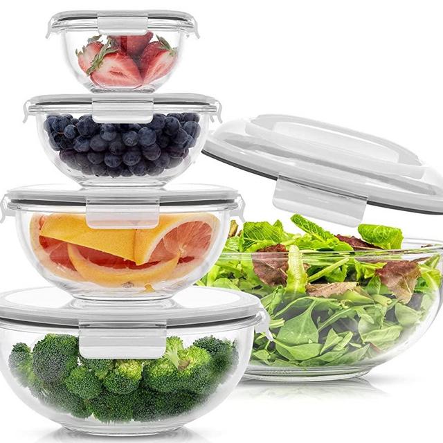 JoyJolt Kitchen Mixing Bowls. 5pc Glass Bowls with Lids Set – Neat Nesting Bowls. Large Mixing Bowl Set incl Batter Bowl, Cooking Bowls, Storage Bowls with Lids and Big Salad Bowl with BPA-Free Lids