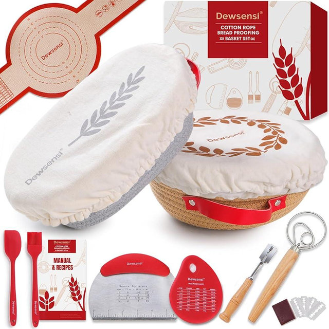 Cotton Rope Bread Proofing Basket Set, Sourdough Starter Kit with Round & Oval Banneton Baskets with Liners & Covers, Dough Whisk, Bread Lame, Dough Scraper, Sling, Sourdough Bread Baking Supplies