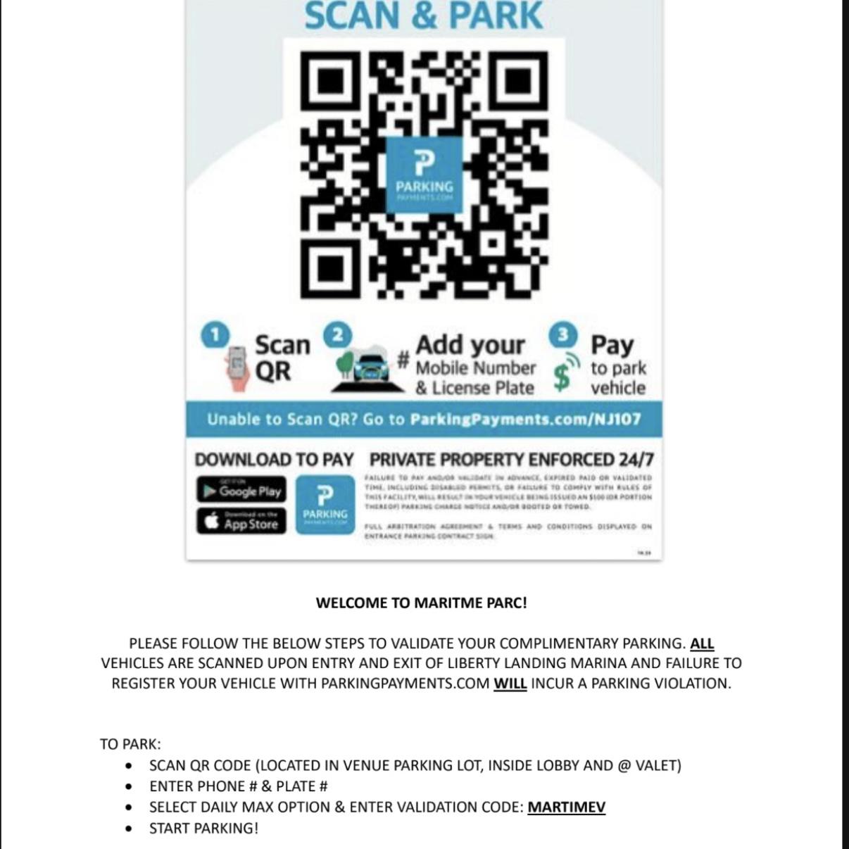 Parking validation instructions for Maritime Parc