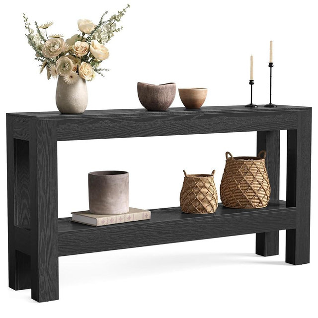 LITTLE TREE 63-Inch Black Console Table for Entryway, Narrow Long Wooden Entry Table for Living Room, Hallway, Sofa, Entrance, Foyer, Behind Couch with 2-Tier Storage Shelves