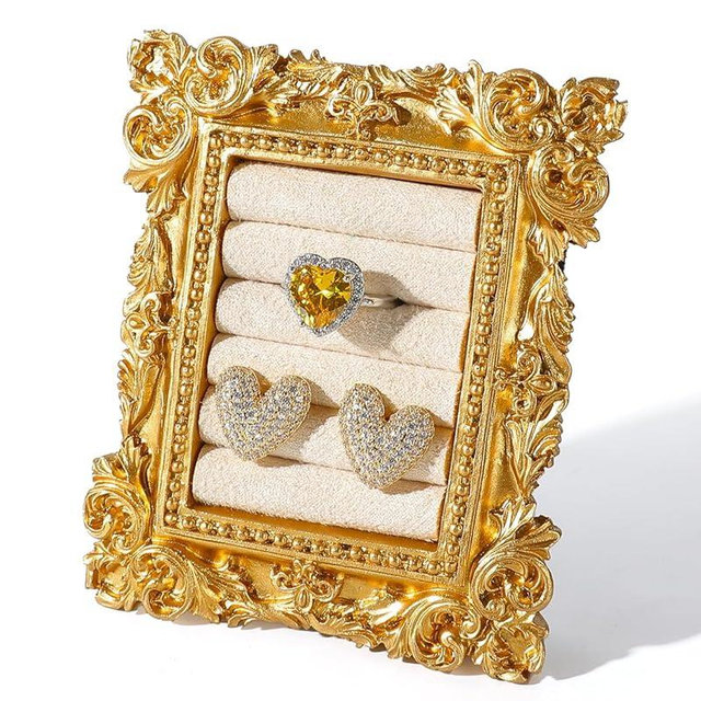 COOLYOUTH Vintage Ring Holder Ring Display Stand Frame Jewelry Organizer Velvet Tray for Jewelry (Medium-Beige)