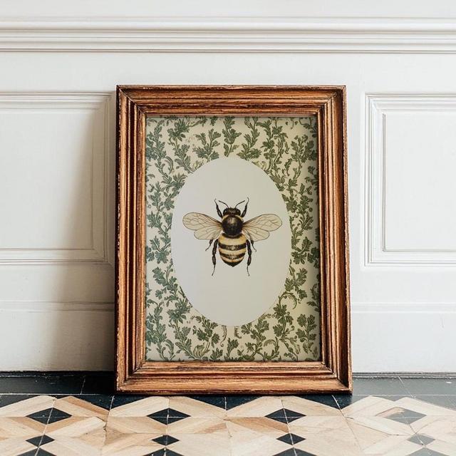 Vintage Bee Wall Art, Cottagecore Floral, Botanical Insect Decor, PRINTED AND SHIPPED, Bumblebee Oval Print, Rustic Garden Art Poster