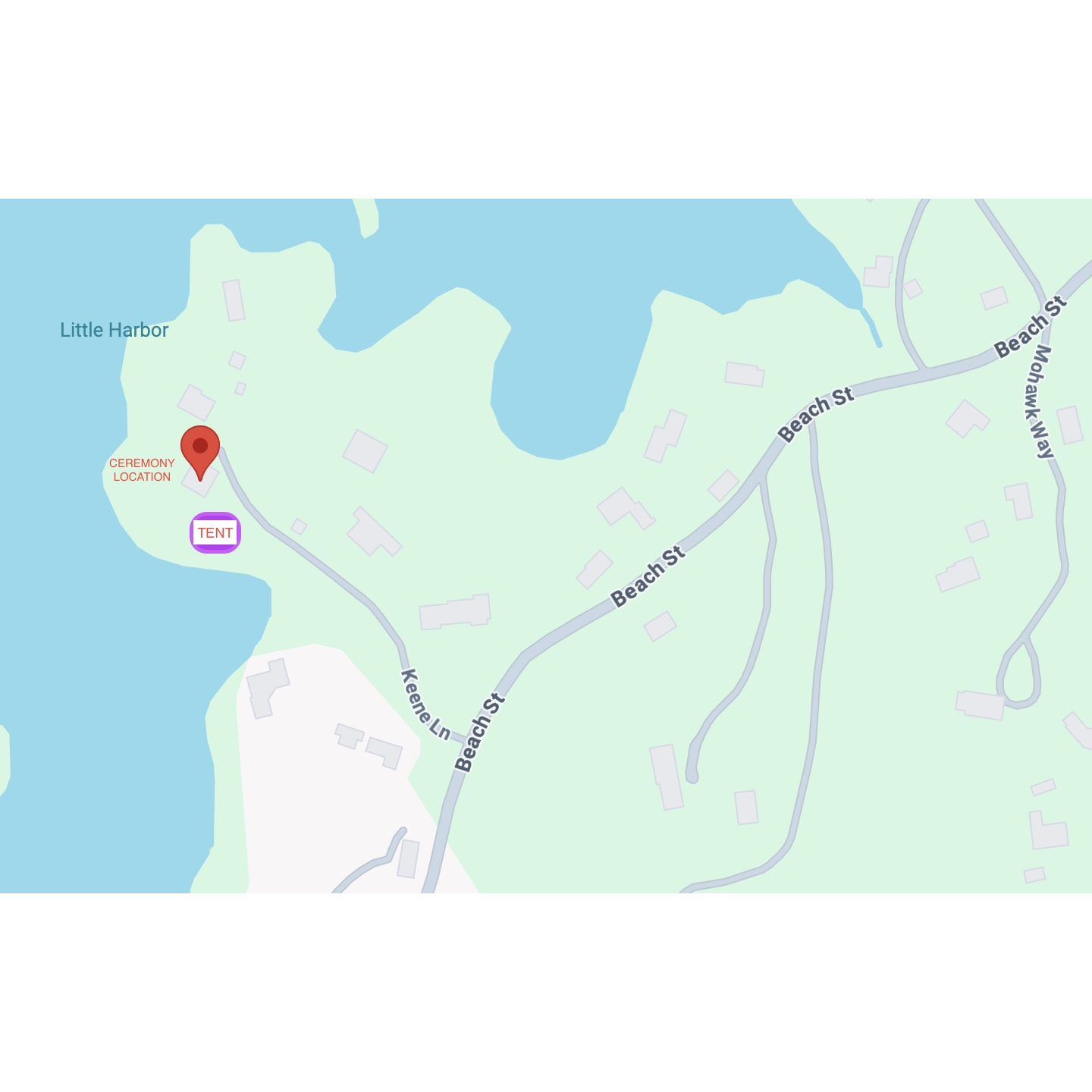 Our wedding is at a private home, indicated by the red marker. You may park along Beach Street/Keene Lane, but please do not block in any of the other residents.