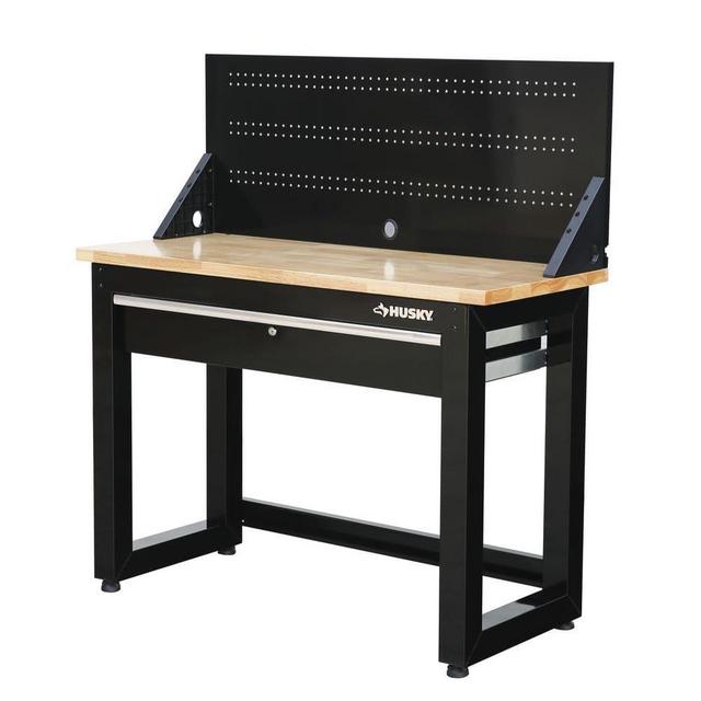 Husky 4 ft. Solid Wood Top Workbench in Black with Pegboard and 1 Drawer G4801S-US - The Home Depot