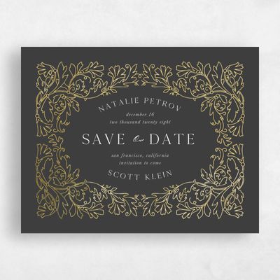 Dark Charcoal, Black Wedding Save the Date - Briar Landscape Foil
