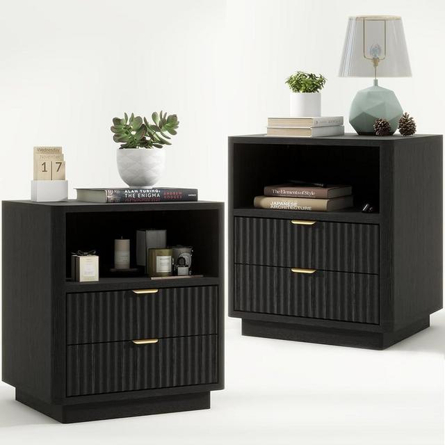 Fluted Nightstands Set of 2, Black Night Stands with 2 Drawers and Open Shelves, Wooden Bedside Table Modern Design End Table for Bedroom Sofa Office (2, Black)