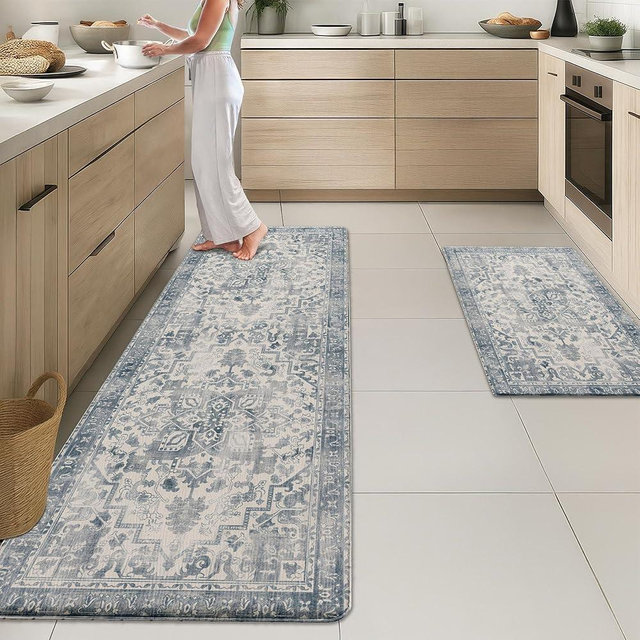 Arttown Kitchen Mats for Floor 2Pcs-Anti Fatigue Non Slip Mats for Kitchen Floor, Cushioned Waterproof & Stain-Resistant Boho Stripe Mat Set, Laundry Room, Office, Sink, Desk (Light Blue)