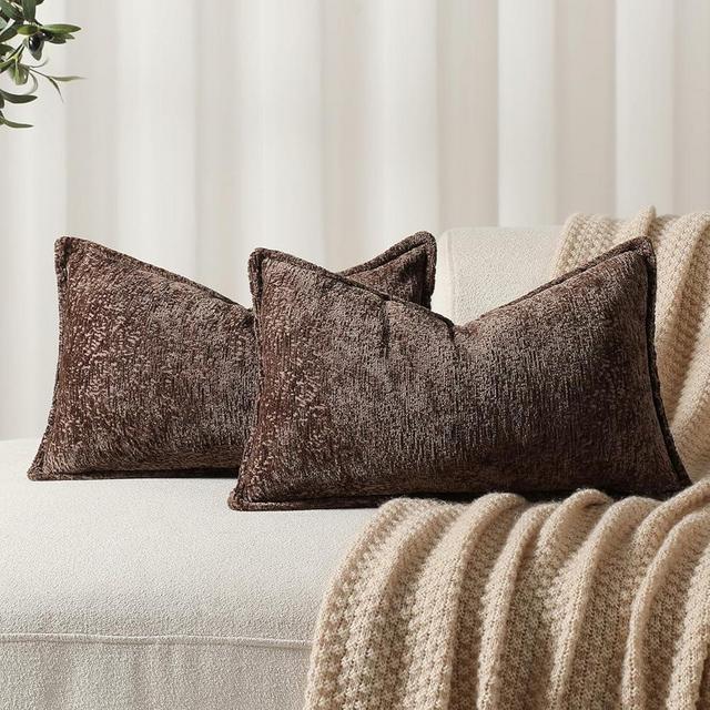 DEZENE Pack of 2 Chocolate Brown Decorative Throw Pillow Covers 12x20 Cozy Soft Chenille Accent Vintage Rectangular Lumbar Couch Pillow Covers for Home Decor Bed Sofa Living Room