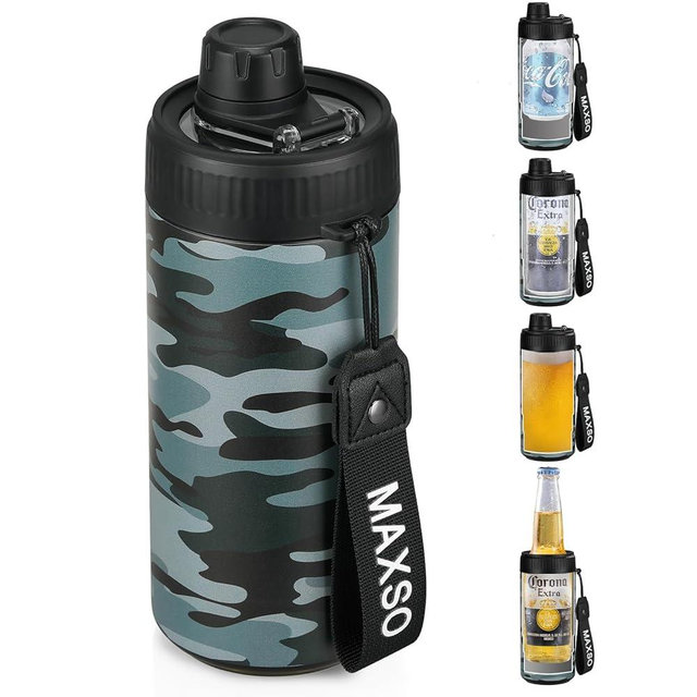 MAXSO Sealed Can Cooler Fizz Lid Can Cover for 12 oz Regular, Slim Skinny Cans & As Thermal Bottle, 4-in-1 Insulated Vacuum Stainless Steel Carbonated Cold Drink Holder - Camouflage