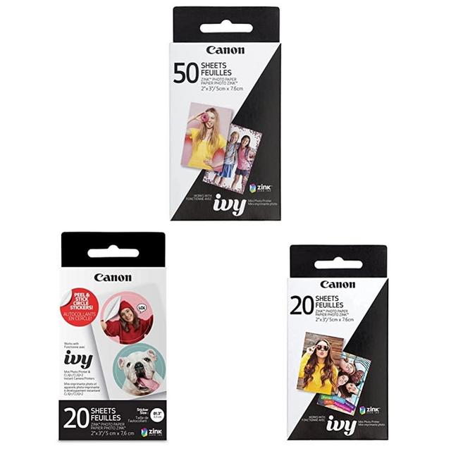 Canon ZINK Photo Paper Pack, 50 Sheets & IVY ZINK Pre-Cut Circle Sticker Paper, 20 Sheets & Zink Photo Paper Pack, 20 sheets, White, 2" X 3". (3214C001)