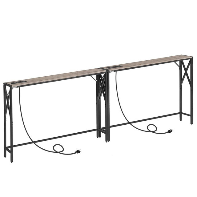 MAHANCRIS 2 Pack Sofa Table with Charging Station, 39.4” Console Table, Narrow Entryway Table, Slim Hallway Table, Retro Couch Table, for Entrance, Foyer, Living Room, Hallway, Greige CTHG151E01S2