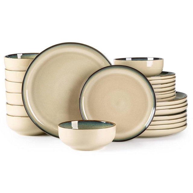 GBHOME Ceramic Dinnerware Sets for 8, 24 Pieces Stoneware Plates and Bowls Sets, Reactive Glaze Dishes -Scratch Resistant, Dishwasher&Microwave Safe, Pale Khaki