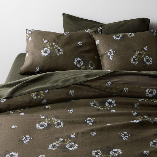 Mountain Floral Cotton Linen Burnt Green Full/Queen Duvet Cover