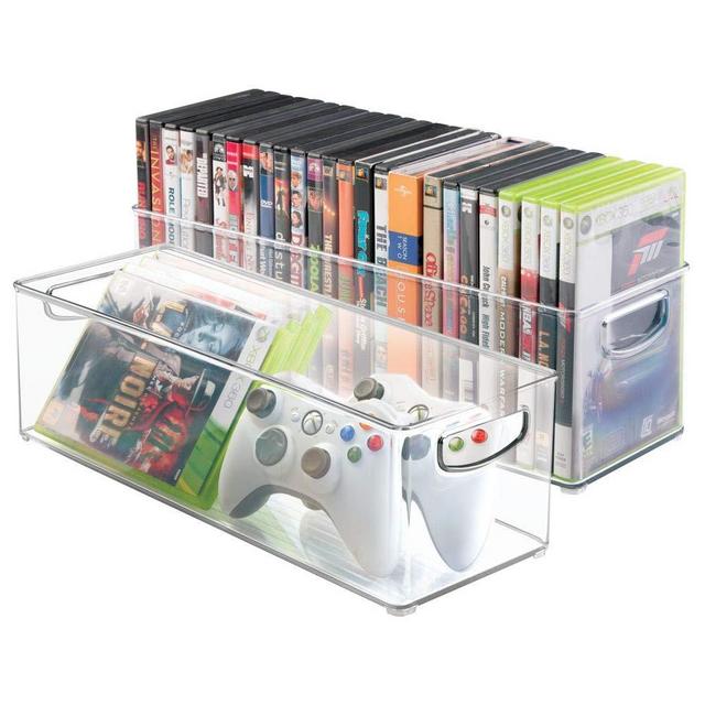 mDesign Plastic Stackable Household Storage Organizer Container Bin with Handles - for Media Consoles, Closets, Cabinets - Holds DVD's, Video Games, Gaming Accessories, Head Sets - 2 Pack, Clear