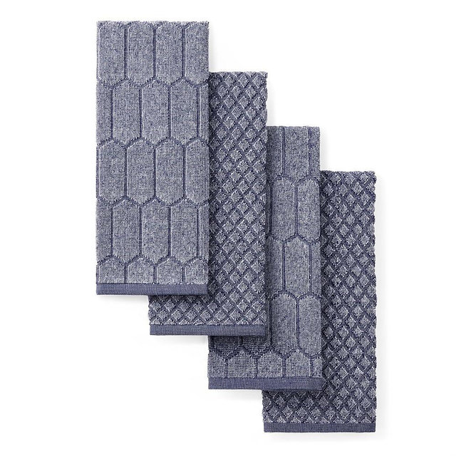 Martha Stewart Honeycomb Chambray Textured Kitchen Towel 4-Pack Set, 100% Cotton with Absorbent Terrycloth, Decorative Kitchen Towels, Navy Blue, 16"x28"