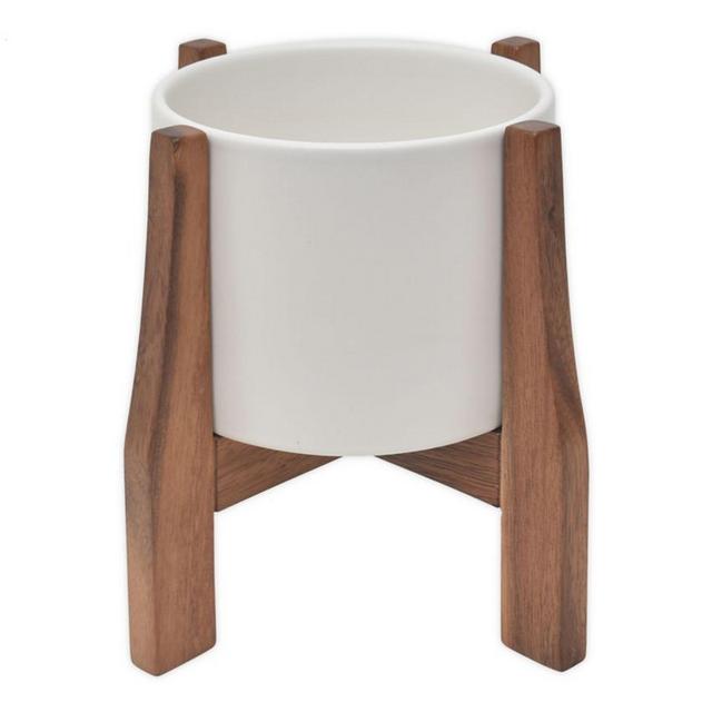 Rita 8-Inch Round Ceramic Planter with Acacia Stand in White