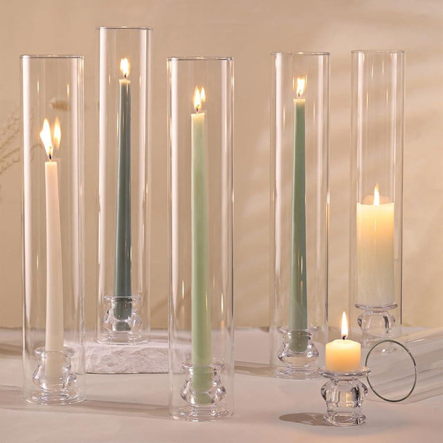 Volens Hurricane Glass Candle Holders - Set of 6 Candlestick Holders for Taper Candles with Windproof Cylinder Covers 14" Tall Clear Glass Chimney Cover for Wedding Table Centerpiece Home Decor