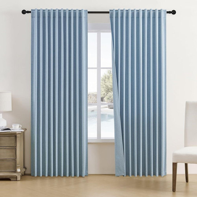 DUALIFE Blackout Linen Curtains for Bedroom - Back Tab Rod Pocket Room Darkening Thermal Insulated Light Blocking Pleated Curtains for Living Room (84" W x 96" L,Dusty Blue, 1 Pair)