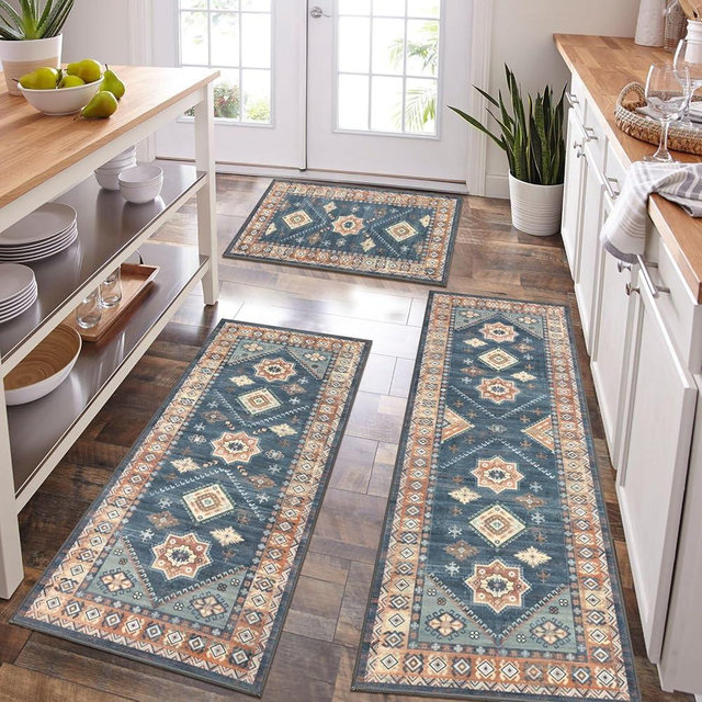 HEBE Boho Kitchen Rug Sets 3 Piece with Runner Non Slip Kitchen Rugs and Mats Washable Kitchen Mats for Floor Thick Kitchen Floor Mat Carpet Runner Rugs for Hallway Laundry Holiday Decor