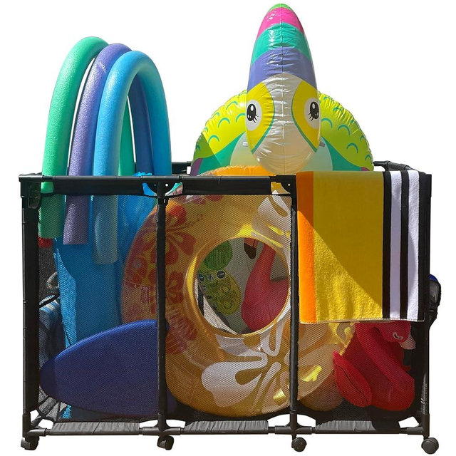Pool Float Storage Organizer for Pool Noodles Floats Inflatables Towels - Ultimate Outdoor Pool Toy Storage Bin - XXL Black HDuty Metal - Pool Float Holder - Pool Storage Bin For Easy Poolside Cleanup