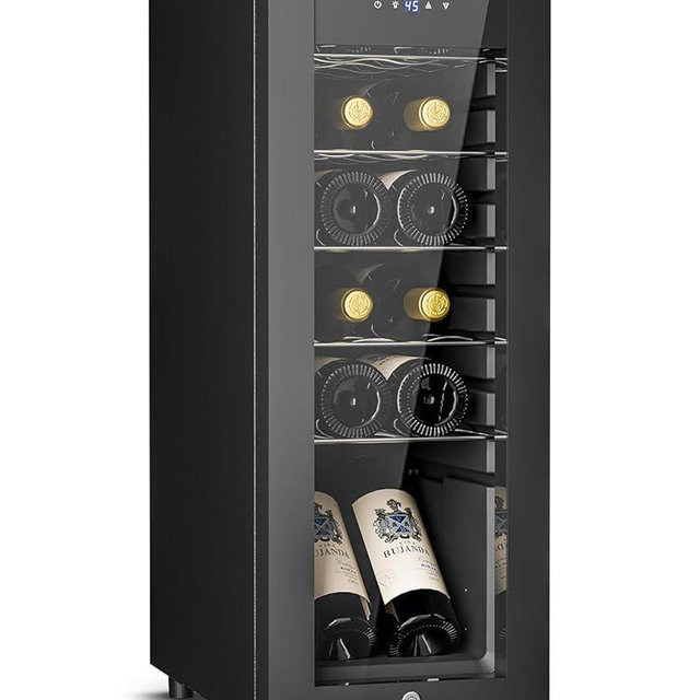 Feelfunn 12 Bottle Wine Cooler Refrigerator - Small Wine Fridge for Red, White, Champagne, Freestanding Wine Cellar with Glass Door & Digital Temperature Control for Home Bar, Office
