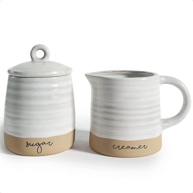 Barnyard Designs Ceramic Stoneware Sugar Bowl and Creamer Set, 11oz Cream Pitcher and Sugar Canister with Lid, Vintage Farmhouse Kitchen Decor for Coffee or Tea, Ivory/Tan, 3.5” x 5”
