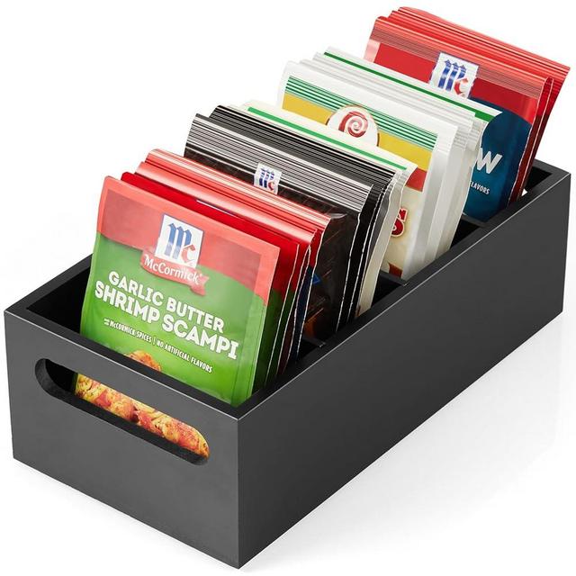 DRASTAR Pantry Organization and Storage Bins, Seasoning Packet Organizer with Removable Dividers,Wooden Storage Caddy for Kitchen, Pantry, Cabinet, Countertop, Black