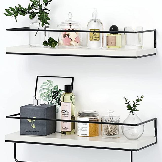 SHARIO White Floating Shelves - Set of 2, Wall Mounted Hanging Shelves with Black Towel Rack, Decorative Storage Shelves for Bathroom, Kitchen, Living Room & Bedroom (Modern White)