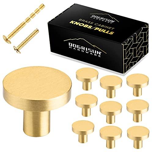 QogriSun 10-Pack Solid Brass Cabinet Knobs, 1-Inch Round Gold Decorative, Small Pulls Handles, Copper Kitchen Hardware for Dresser Drawer, Brushed Brass