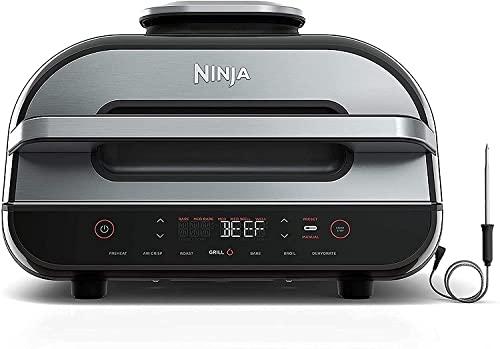 Ninja FG551 H Foodi Smart XL 6-in-1 Indoor Grill with 4-Quart Air Fryer Roast Bake Dehydrate Broil and Leave-In Thermometer, with Extra Large Capacity, and a Stainless Steel Finish (Renewed) (SILVER Stainless Steel)