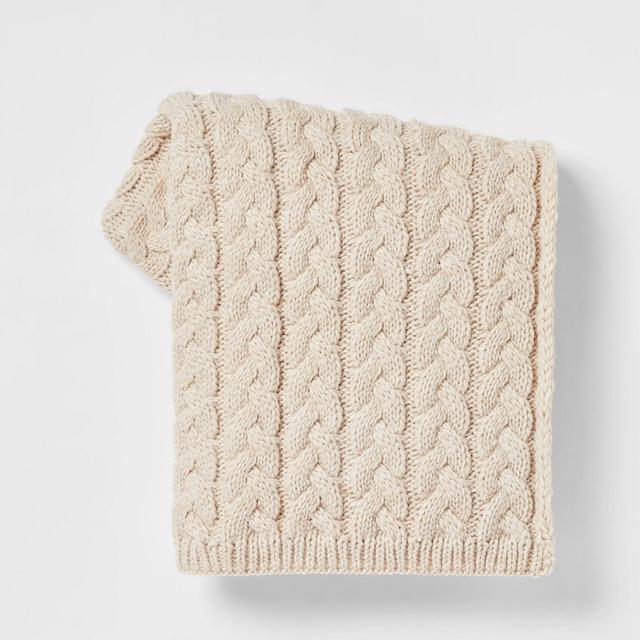 Solid Chunky Cable Knit Throw Blanket Neutral - Threshold™