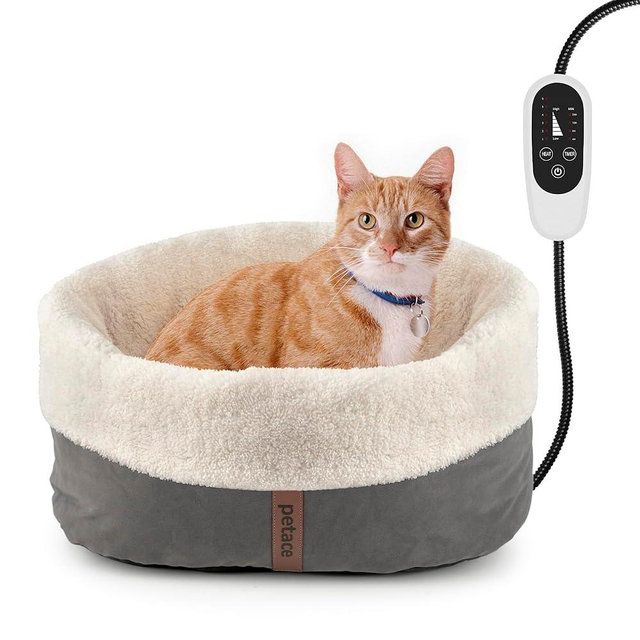 Petace Heated Cat Bed with Auto Shut Off Timer, 17.7" x 13.7" Adjustable Temperature Indoor Pet Heating Cushion Bed for Kittens, Cats, Puppies and Small Dogs, Gray