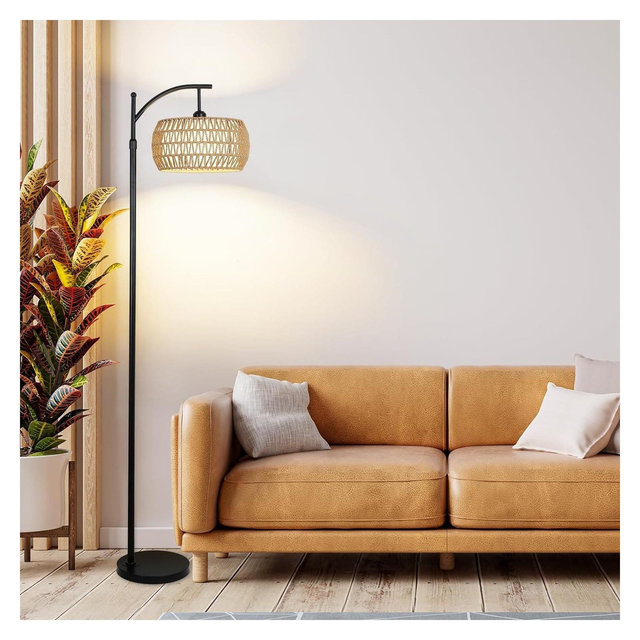 GDFStudio Natalya Farmhouse Arc Floor Lamp with 3 Color Temperature LED and Double Drum Shade, Black