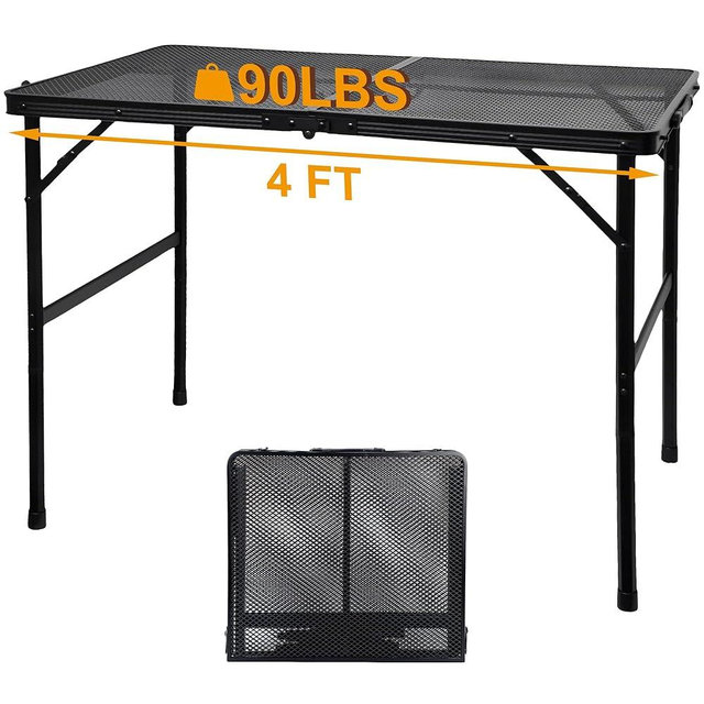 GREGIN Camping Table with Mesh Desktop, Lightweight & Portable Folding Grill Table, Height Adjustable Metal Outdoor Table for Camp, Cooking, BBQ, RV, Picnic-4 FT Black