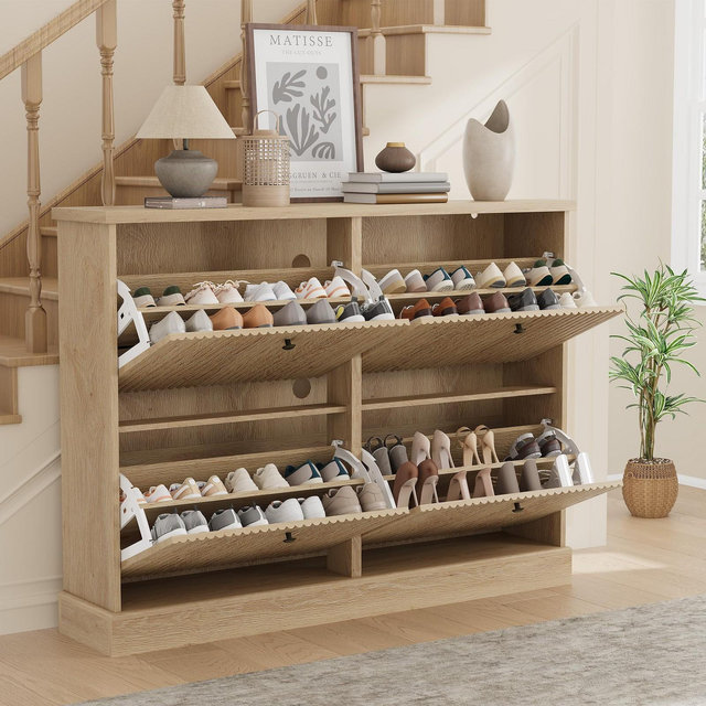Fluted Shoe Cabinet Storage with 4 Flip Drawers, Wooden Fluted Narrow Shoe Organizer with Adjustable and Removable Shelves