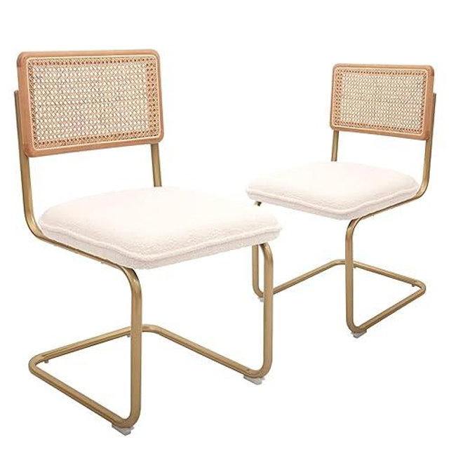 CangLong Mid-Century Modern, Natural Mesh Rattan Backrest, Upholstered Fleece Seat Armless Chairs with Metal Legs for Home Kitchen Dining Room, Set of 2, White