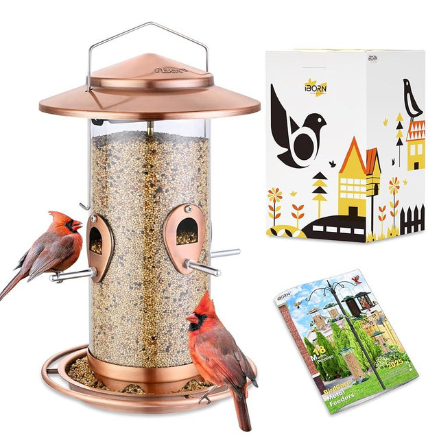 iBorn Metal Bird Feeder for Outside Hanging,Wild Bird Feeders for Cardinal,18cm Large Roof&Tray Brushed Copper 10 Port(Seed is not Included)