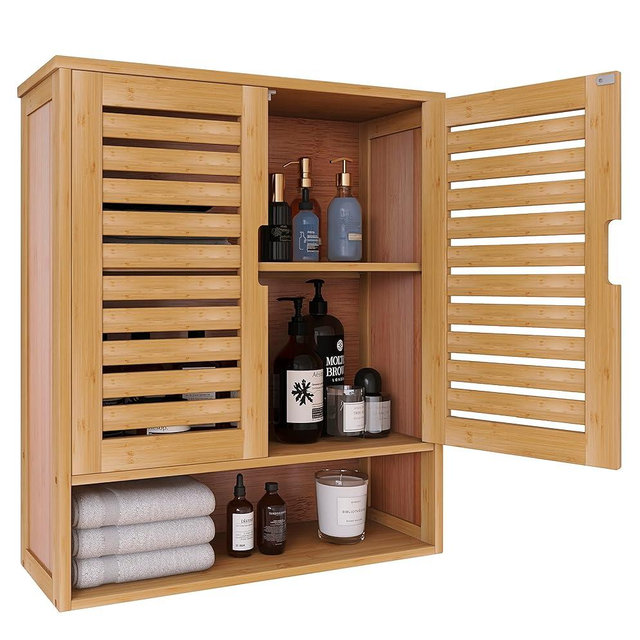 SMIBUY Bathroom Cabinet Wall Mounted, Bamboo Over-The-Toilet Storage Organizer, Space Saver Medicine Cabinet with 2 Door and Adjustable Shelves (Natural)