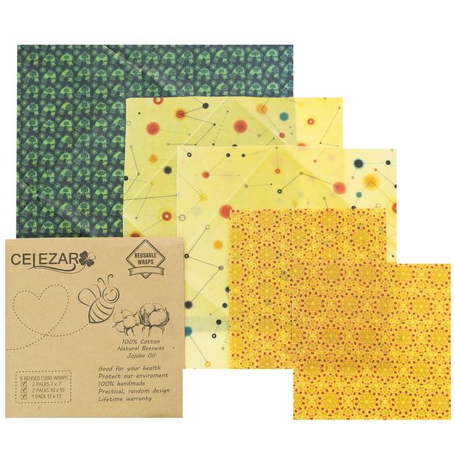 (5 pack) Beeswax Wrap - Reusable Food Wrap Handmade, Natural Eco Friendly, Reusale,Sustainable & Washable, Plastic Free & Biodegradable - 1 Large, 2 Medium, 2 Small (Life Color)