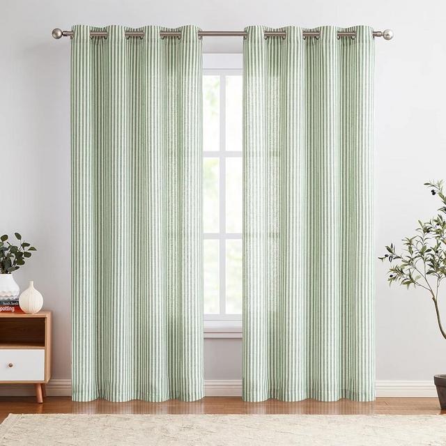 Vangao Linen Blend Stripe Curtains Tickingstripe Light Filtering Window Curtains Green Pinstripe Printed on Beige Drapes 96 Inches Long for Living Room Bedroom Grommet Top 2 Panels