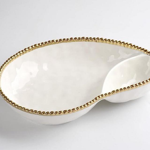 Pampa Bay Titanium-Plated Porcelain 2 Section Serving Piece, 13.8 x 9 Inch, Gold/White Tone, Oven, Freezer, Dishwasher Safe