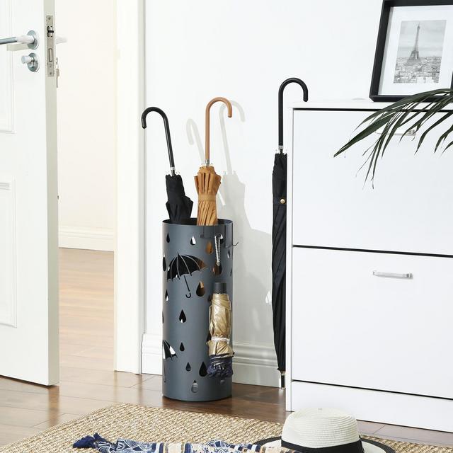 SONGMICS Umbrella Stand Indoor, Metal Umbrella Holder for Entryway, with Water Tray and 4 Hooks, 7.7 x 7.7 x 19.3 Inches, Round, Anthracite Gray