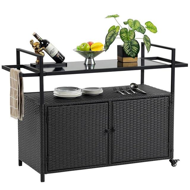 HOMEFUN Outdoor Bar Cart Table - Patio Console Storage Cabinet BBQ Grill Carts Buffet with Wheels Waterproof Wicker Serving Tables for Outside, Black