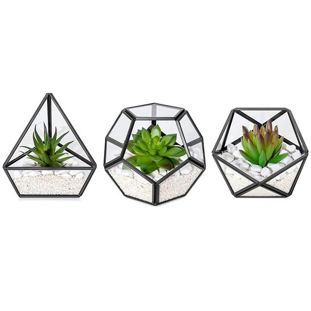 Mkono Fake Plant Office Desk Decor, 3 Pack Mini Glass Geometric Terrarium with Artificial Succulent, Miniature Potted Bookshelf Boho Room Decor for Women Girls College Dorm Wedding Gift, Black
