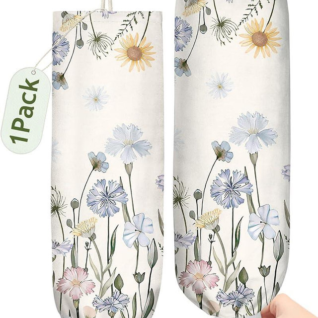 Kokaaee Plastic Bag Holder Organizer - 1 Pack Reusable Canvas Grocery Bags Holder Hanging Wall Cute Aesthetic Shopping Bag Storage Dispenser with Drawstring Closure for Kitchen Home, Color Floral