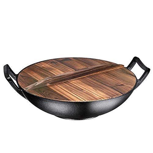 Bruntmor, Pre-Seasoned Cast Iron Wok, Black, 14-inch w/Large Loop Handles & Flat Base With Wooden Lid