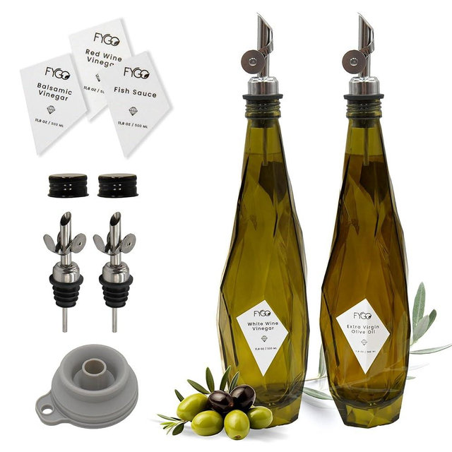 FYGO 17oz Glass Olive Oil Bottle Dispenser - Oil and Vinegar Cruet with Pourers and Funnel - Olive Oil Carafe Decanter for Kitchen from Diamond Lux (500ml - Set of 2 - White Stickers)