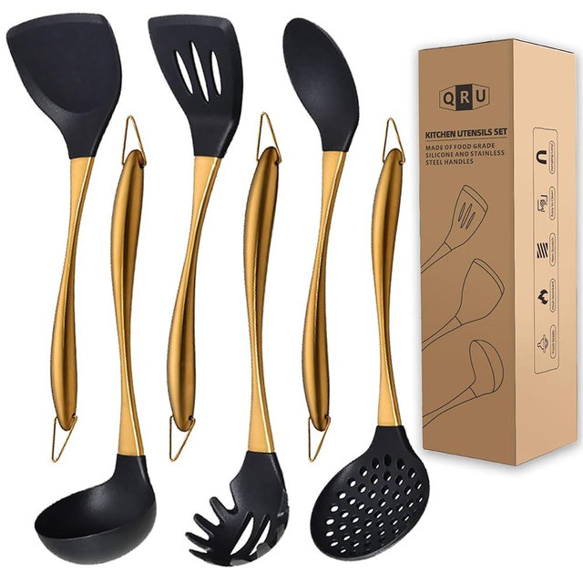 Kitchen Utensils Set, Large Non-stick Silicone Cooking Utensils Set 6 Pcs,Made of 446°F Heat Resistant Food Grade Silicone and Stainless Steel Handles,Easy to Clean Kitchen Gadgets Set (Gold)
