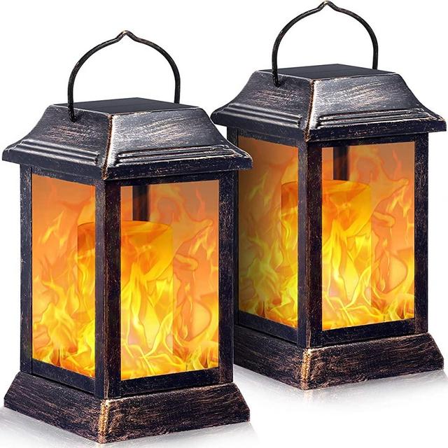 TomCare Solar lights Metal Flickering Flame Solar Lantern Outdoor Hanging Lanterns Lighting Heavy Duty Solar Powered Waterproof Umbrella LED Flame Lights for Garden Patio Pathway Deck Yard, 2 Pack