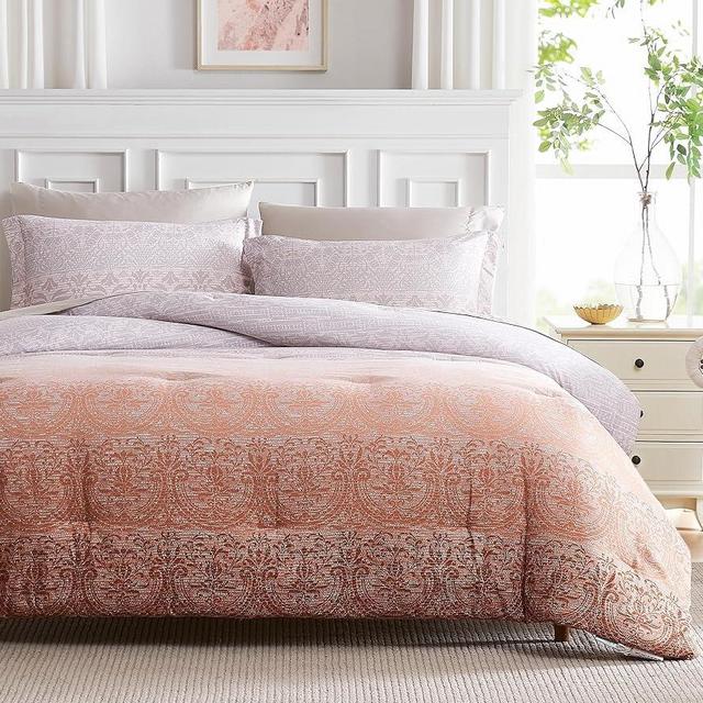 Geniospin Queen Comforter Set, Bed in a Bag 7-Pieces, Reversible Boho Print Bedding, All Season Comfortable Bedding Set with Comforter, Pillow Shams & Cases, Flat & Fitted Sheets (Orange, 90''x90'')